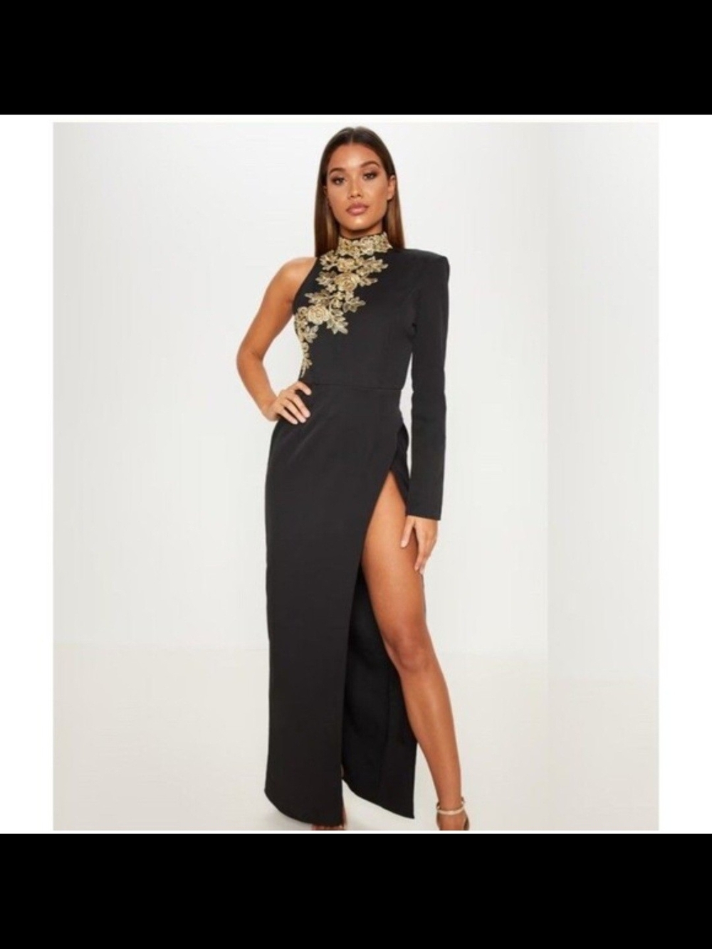 PrettyLittleThink Black One-Shoulder Gold Flower Applique Maxi Dress